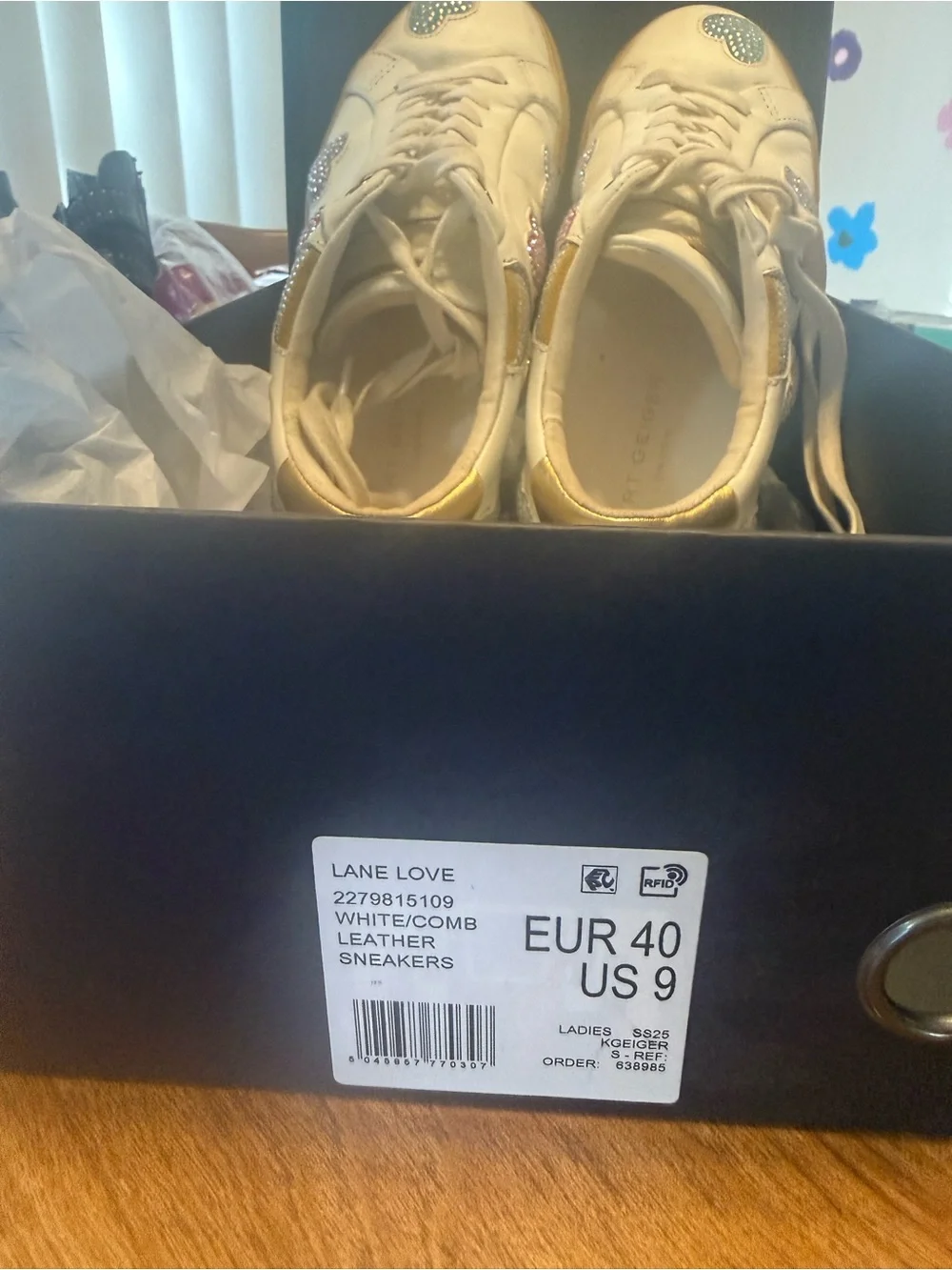 Kurt Geiger White Leather Sneakers with Pink, Gold & Silver Crystal Hearts